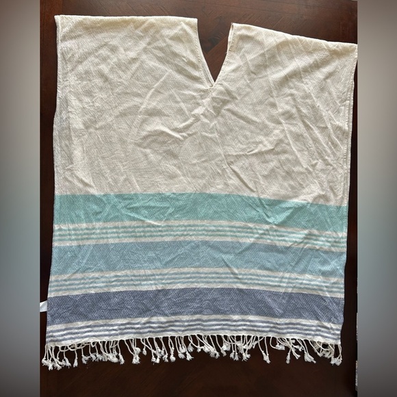 TRIBE ALIVE Beige V-Neck Poncho with Striped Hem SIZE ONE - Picture 4 of 7